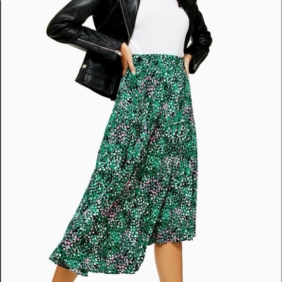 Topshop Green Pink Painted Spot Pleated Asymmetrical Midi Skirt - Picture 2 of 12